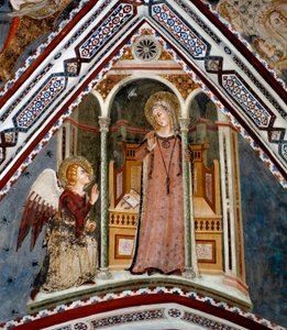 O Fresco da Anunciação da Capela da Virgem feita pela escola de Siena do século XIV - Mosteiro de São Benedetto (Sacro Speco), Subiaco (Roma), Itália de Sienese School