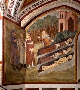O Encontro dos Três Vives e dos Três Mortos (ou Dict) Os três vivos e um eremita em frente aos três caixões apresentando cadáveres em diferentes estágios de decomposição. Pormenor de um fresco da Escola de Siena (século XIV) 1363-1366 Mosteiro de