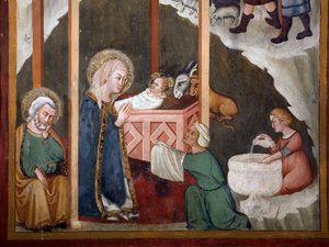 O Afresco Nativite da escola de Siena. Século 14. Capela da Virgem. Mosteiro de São Benedetto de Sienese School