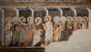 O incrédulo do apóstolo Thomas Fresco da escola de Siena. Século XIV. A Igreja Superior. Mosteiro de São Benedetto (Sacro Speco), Subiaco (Roma), Itália. de Sienese School