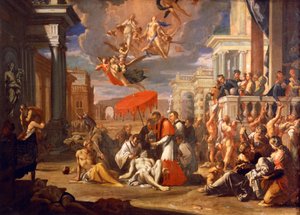 São Carlos Borromero administrando a Santa Comunhão às vítimas da peste em 1576, por Sigismundo Caula (1637-1713), óleo sobre tela, 97x147 cm