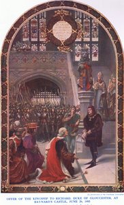 Oferta da realeza a Richard Duke de Gloucester, no Castelo de Baynards, em 26 de junho de 1483, da revista Cassells History ofthe British People, publicada pela Waverley Book Company Limited, c.1940