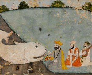 Guru Nanak com Bala, Mardana e o grande peixe (Vishnu em Matsyavatara) de Sikh School