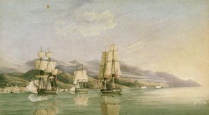 Ataque a um comboio de dezoito navios mercantes franceses em Laigrelia e Alassio, 27 de junho de 1812, início do século XIX (caneta, tinta, grafite, aguarela) de Silas Thomson (attr.to) Hood
