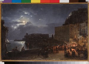 O cais de Santa Lúcia em Nápoles (Itália), uma noite de lua cheia. Pintura por Sylvester Feodosiyevich Shchedrin (1791-1830), óleo sobre tela