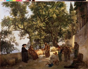 Um terraço na praia, perto de Sorrento (Sorrento, Itália) (Monges capuchinhos conversando e um homem carregando seu burro com pequenos barris) - Um terraço à beira-mar, Cappuccini perto de Sorrento - Pintura de Sylvester Feodosiyevich Shchedrin (Sylv de Silvestr Fedosievich Shchedrin
