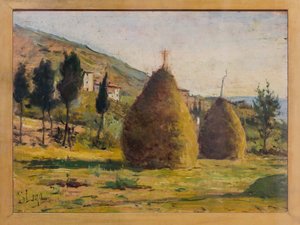 Haystacks in the Sun, c.1890 (óleo a bordo) de Silvestro Lega