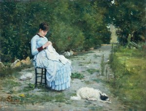 No jardim, por Silvestro Lega (1826-1895), óleo sobre painel, 29x38 cm de Silvestro Lega