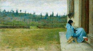 Senhora no trabalho, por Silvestro Lega (1826-1895), óleo sobre tela, 22x40 cm de Silvestro Lega