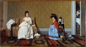 Meninas pequenas a brincar às meninas grandes. Duas irmãs disfarçadas com a roupa da mãe. Pintura de Silvestro Lega (1826-1895) 1872 Coleção Privada