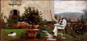 Luigi Tommasi no seu jardim (Pintura sobre uma caixa de madeira de Silvestro Lega