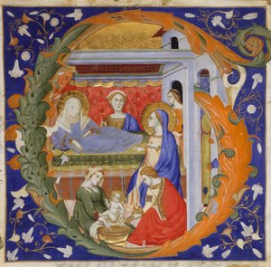 Iluminação Manuscrito com o Nascimento da Virgem em G inicial, de um Gradual, ca. 1375. de Silvestro dei Gherarducci