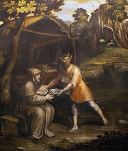 O diabo pega nos livros sagrados e substitui-os por livros seculares; Pintura de Simão Rodrigues (1560-1629); (O diabo pega nos livros sagrados e substitui-os por livros seculares; paintong de Simão Rodrigues de Simao Rodrigues
