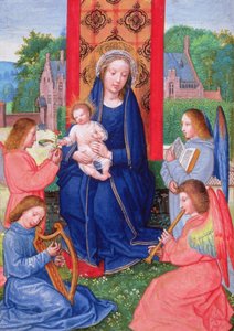 Exemplo: 2125 f.157v Madonna e Child com anjos tocando instrumentos, das Horas de Joana de Ghistelles, c.1516 (velino) de Simon (attr. to) Bening