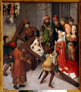 O Milagre da Verdadeira Cruz. Macaire, a eveque de Jerusalém, trouxe uma moribunda em uma maca para distinguir qual das três cruzes, descobertas por Helena, foi aquela em que Cristo foi crucificado. A realização do milagre assim o fez po de Simon (follower of) Marmion