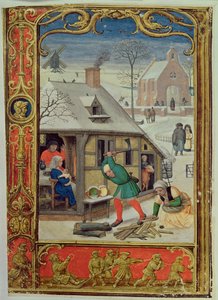 Acrescentar 24098 f.18v Janeiro: Corte de troncos, e trenós, de um Livro de Horas, ou o Livro de Golfe, c.1520-30 (vellum)