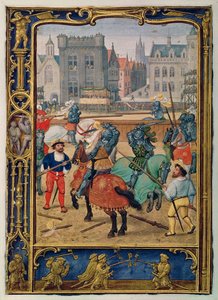 Adicionar 24098 f.23v Junho: Justa e um jogo com cavalos de pau, de um Livro de Horas, ou o Livro de Golfe, c.1520-30 (velino)