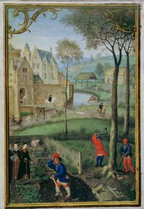 Adicionar 18855 f.108 março: derrubada de árvores, de um Livro de Horas, c.1540 (velino) de Simon Bening