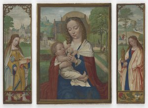 Virgem e o Menino; Santos Catarina e Bárbara, c.1520 (têmpera sobre velino) de Simon Bening