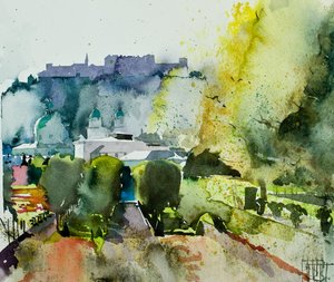 Salzburgo a partir dos jardins de Mirabell, 2008 (aguarela) de Simon Fletcher