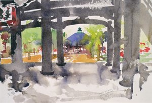 Entrada do templo, Amanohashidate (aguarela sobre papel) de Simon Fletcher