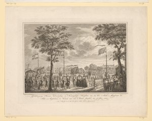 Adeus a Willem V e sua esposa no Buiten Amstel, 1768 Adeus a Suas Altezas Serenas e Reais van den Ed: Achtb: Magistrate of the City of Amsteldam, and Departure of den Buiten Amstel, 4 de junho de 1768 (título no objeto) Imagem de Simon Fokke