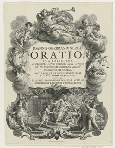 Minerva aplaude um jovem com touro
Página de título para: J.G. Slegt, Oratio, qua adseritur, Nimrodum falso patrem Nini (...), 1747 de Simon Fokke