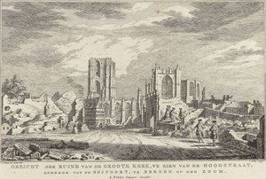 Ruína da Grande Igreja de Bergen op Zoom, 1748 Vista das ruínas do Groote Kerk, vistas do Hoogstraat, vindo do Bospoort, em Bergen op den Zoom (título no objeto) Dez faces das ruínas após o cerco e destruição de Bergen op Z