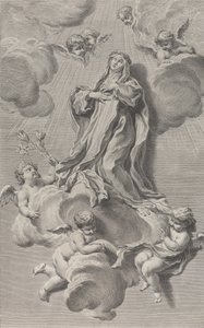 O Êxtase de Santa Catarina de Sena, ajoelhada sobre uma nuvem carregada por anjos, uma de ..., 1729-40.