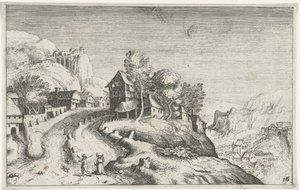 Aldeia em uma paisagem de montanha Diferentes paisagens (título da série) Topographia variaum regionum (título da série) de Simon Frisius (attributed to)