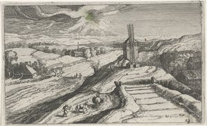 Paisagem montanhosa com um moinho de vento Diferentes paisagens (título da série) Topographia variaum regionum (título da série) de Simon Frisius (attributed to)