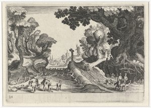 Paisagem florestal com uma cruz ao longo de um caminho
Paisagens do Sul da Europa (título da série)
Topographia variarum regionum (título da série) de Simon Frisius