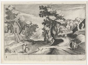 Paisagem montanhosa arborizada com edifícios e figuras
Paisagens do Sul da Europa (título da série)
Topographia variarum regionum (título da série) de Simon Frisius