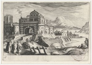 Povo de Emmäus em frente a um portão da cidade em uma paisagem montanhosa Paisagens do sul da Europa (título da série) Topographia variaum regionum (título da série) de Simon Frisius