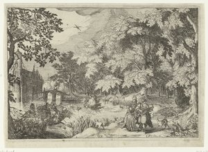 Vista de uma floresta com o Castelo de Loenersloot Paisagens com figuras (título da série) de Simon Frisius