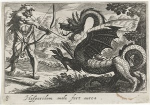 Hércules mata o dragão Ladon Hesperidum mala fert aurea (título no objeto) Temas Hercúleos (título da série)