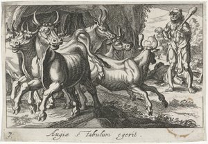 Rebanho de Hércules rebanho de Geryon
Augiae stabulum egerit (título sobre o objecto)
Temas hercúleos (título da série) de Simon Frisius