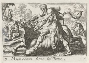 Hércules em batalha com Acheloüs
Magno taurum domat luc tamine (título sobre o objecto)
Temas hercúleos (título da série) de Simon Frisius