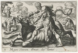 Hércules em batalha com Acheloüs
Magno taurum domat luctamine (título sobre o objecto)
Temas hercúleos (título da série) de Simon Frisius