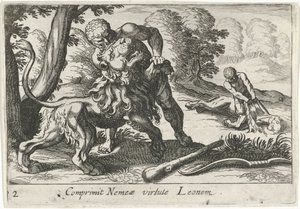 Hércules lutando contra o leão Nemean
Comprometer Nemeae virtute Leonem (título sobre o objecto)
Temas hercúleos (título da série)