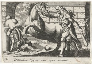 Hércules doma os cavalos de Diomedes
Diomedem Regem cum equis (título sobre o objecto)
Temas hercúleos (título da série) de Simon Frisius
