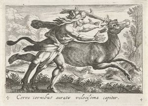 Hércules captura a corça de Cerynea
Cerva cornibus auratis velocissima capitur (título sobre o objecto)
Temas hercúleos (título da série)