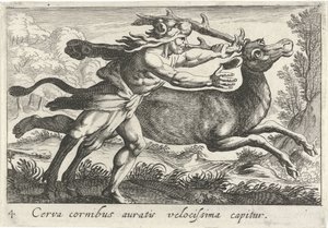 Hercules vangt de Hind van Cerynea Um cervo com chifres dourados é capturado muito rápido (título no objeto) Tema de Herculische (título da série) de Simon Frisius