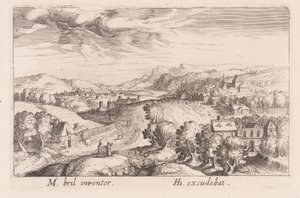 Paisagem montanhosa com três casais, de Topographia Variarum Regionum de Simon Frisius