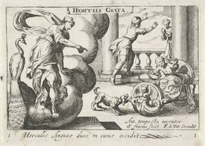 Jonge Hercules wurgt twee slangen
Hercules Angues duos in cunis occidit (título sobre o objecto)
Herculische thema