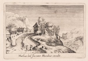 Paisagem com um caminho para uma montanha através de uma aldeia, de Topographia Variarum Regionum de Simon Frisius