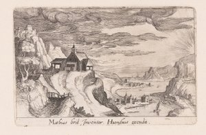 Paisagem com um vale de rio e uma igreja numa colina, de Topographia Variarum Regionum de Simon Frisius