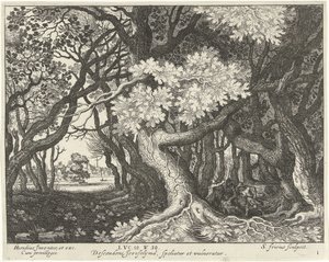 Roubo de um homem em uma floresta Parábola do Bom Samaritano (título da série) de Simon Frisius