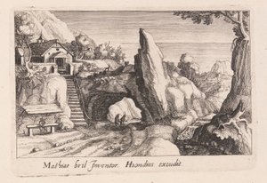 Par de figuras caminhando sob uma ponte de pedra, de Topographia Variarum Regionum de Simon Frisius