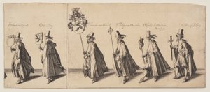 Procissão de seis pessoas precedida por um cavalo, de O funeral de Brederode de Simon Frisius